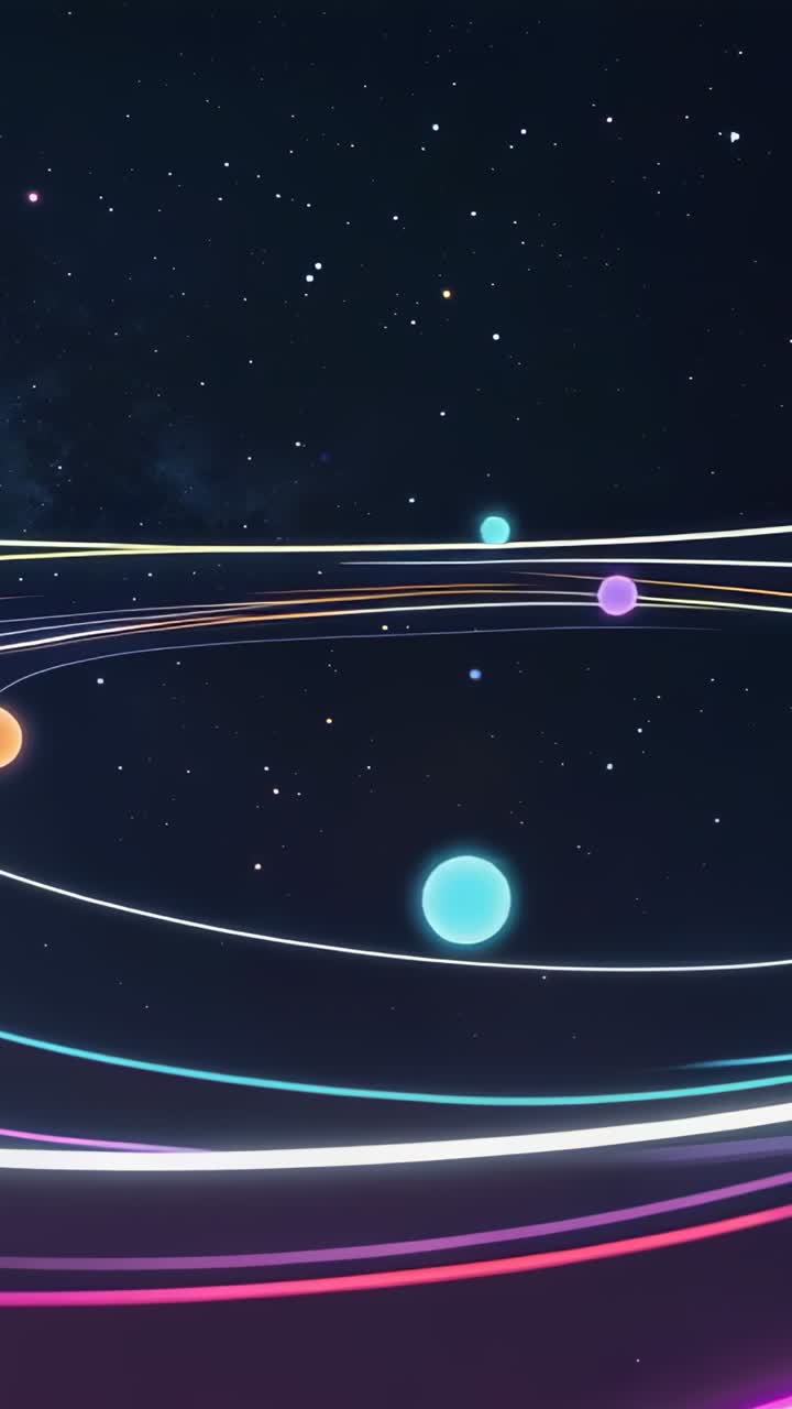 Vertical video: Starting four glowing spheres circling orbits in starfield, showing synchronicity
