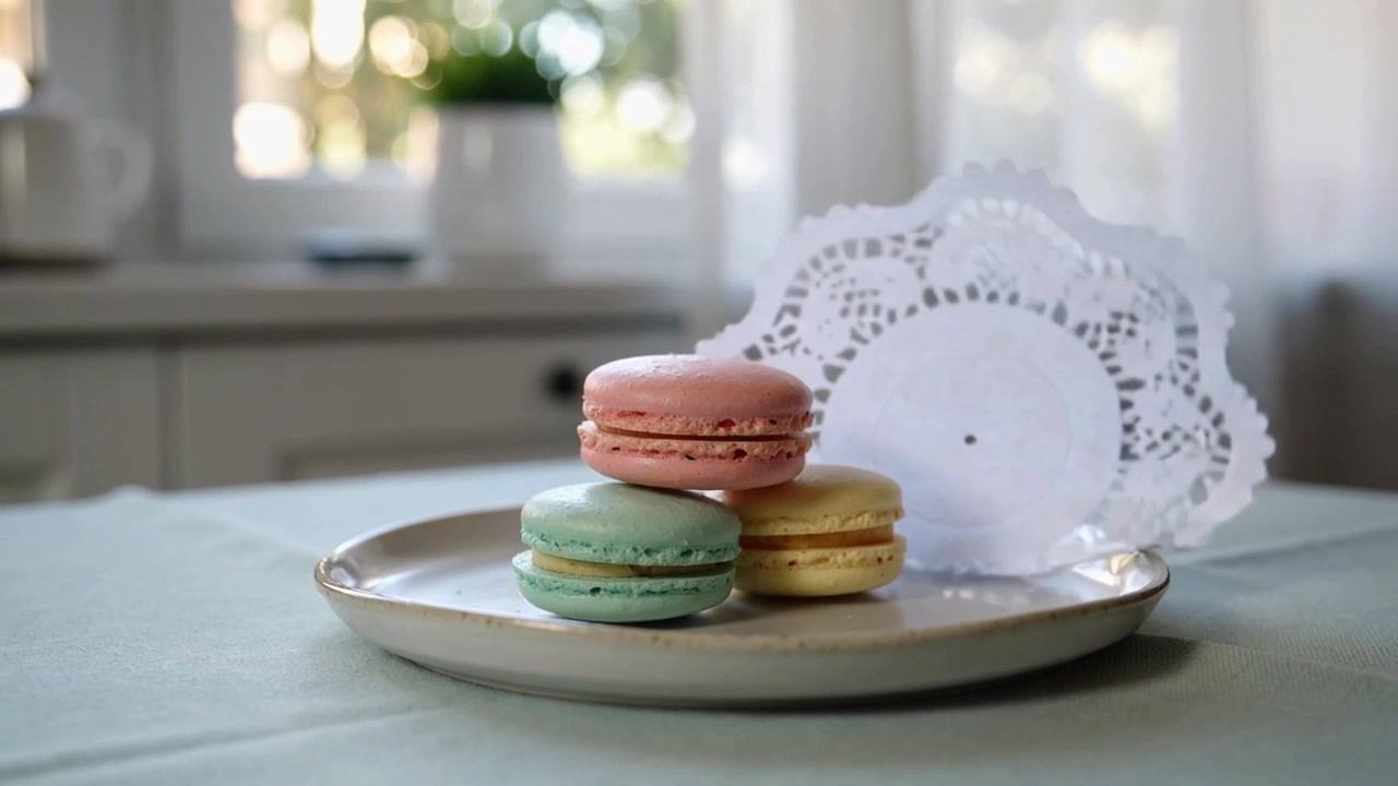 Fluttering lace doily descending to frame three pastel macarons on ceramic plate at kitchen table
