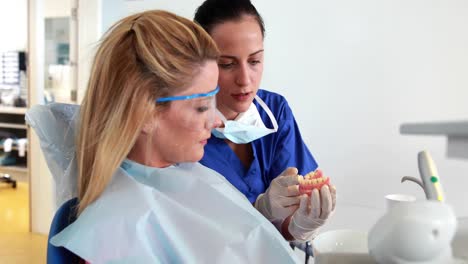 Dentist-speaking-with-patient-showing-model-of-mouth