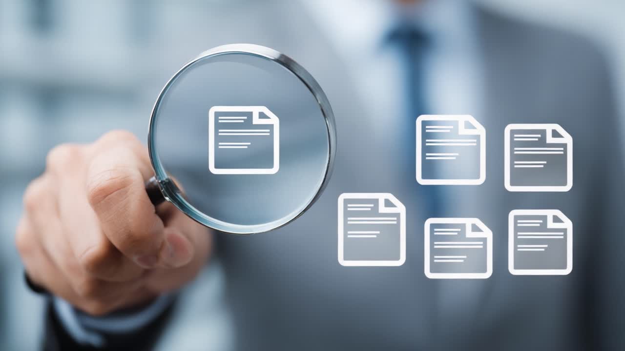 Examining Documents Through a Magnifying Glass: A Professional in Business Attire Analyzing Important Files to Ensure Accuracy and Detail in Work Processes