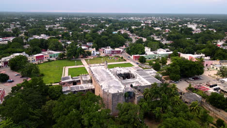 Aerial-orbital-shot-of-main-church-in-Valladolid-Mexico