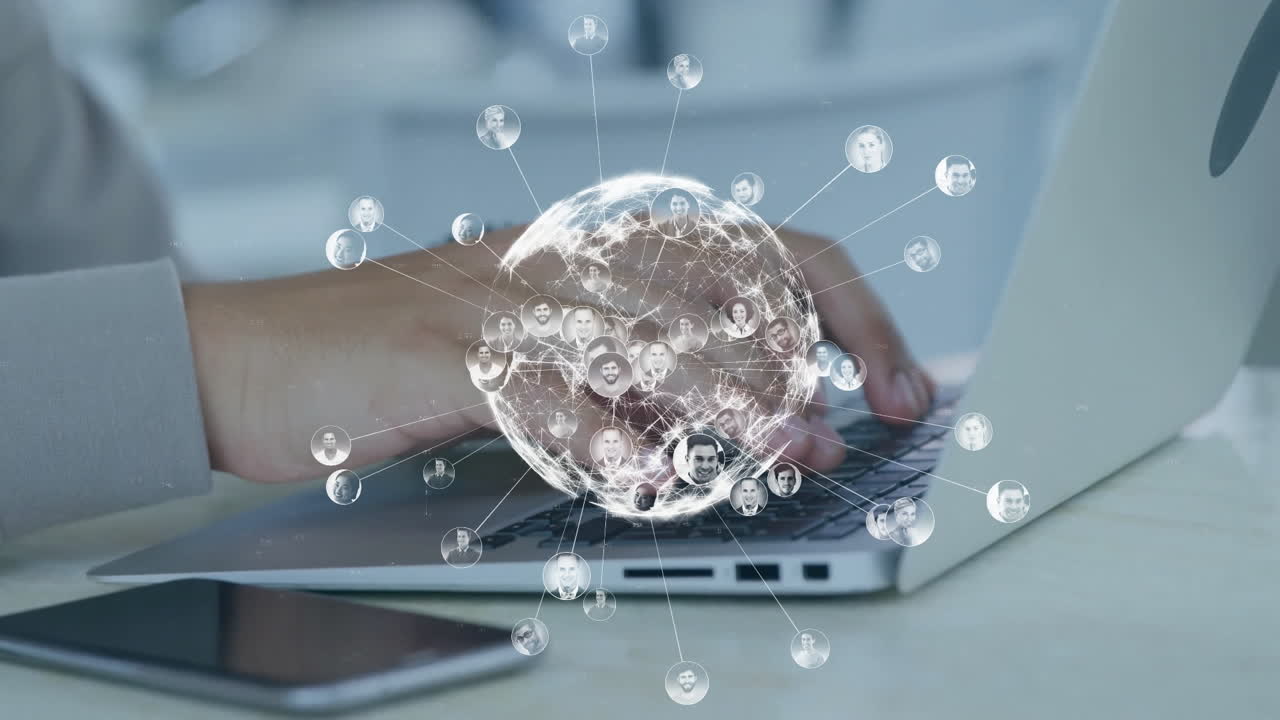 노트북을 사용하는 두 인종 사업가에 대한 사람들의 아이콘과 지구상의 애니메이션