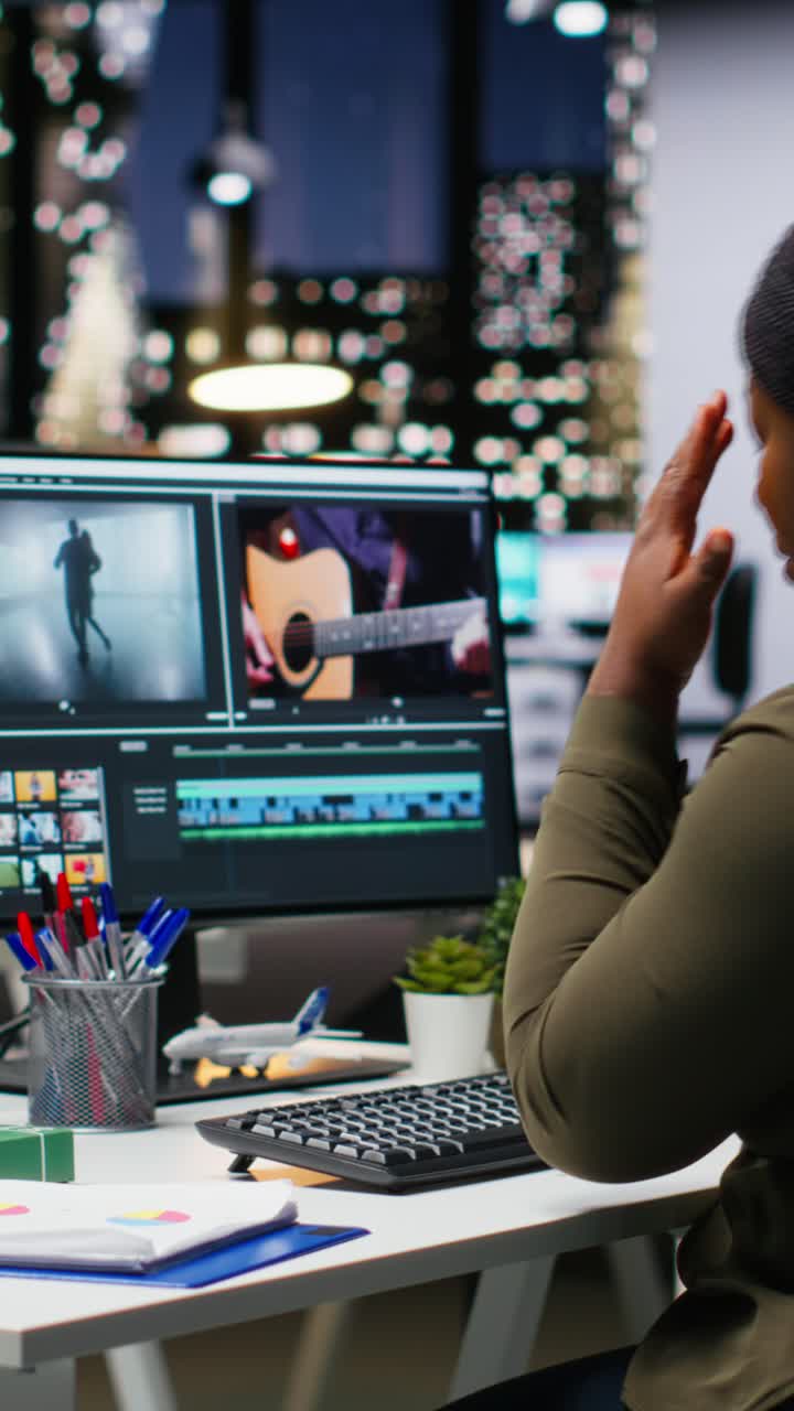 Vertical Video Fatigued drained videographer works on film montage with migraine
