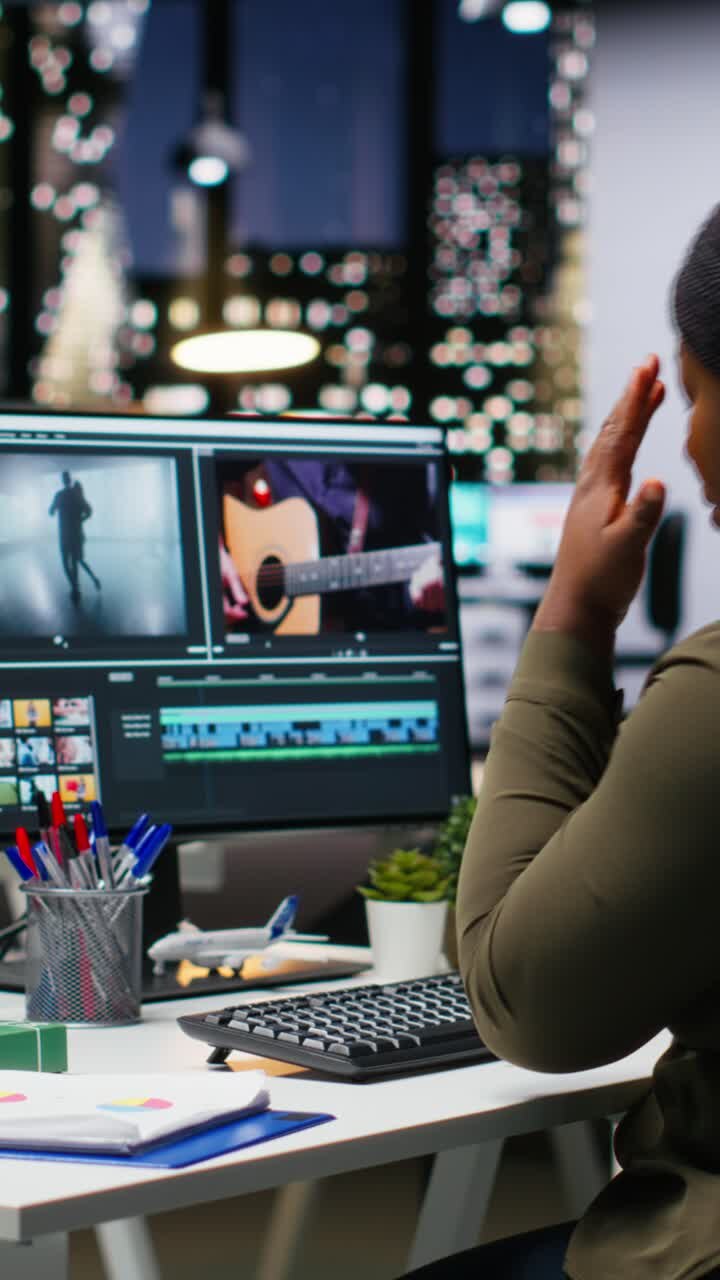 Vertical Video Fatigued drained videographer works on film montage with migraine