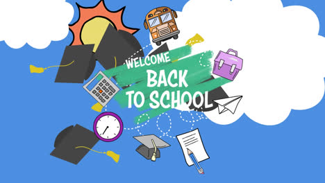 animation of back to school and school items over blue background with clouds and sun