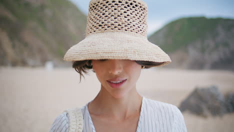 stylish woman relaxing beach on summer island portrait. attractive lady resting