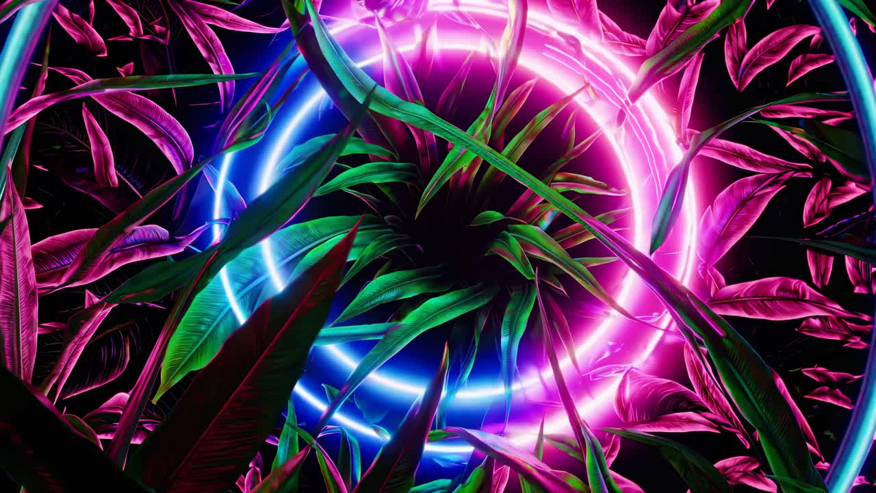 A vibrant, top-down video view of neon-lit tropical leaves encircling a glowing pink and purple orb