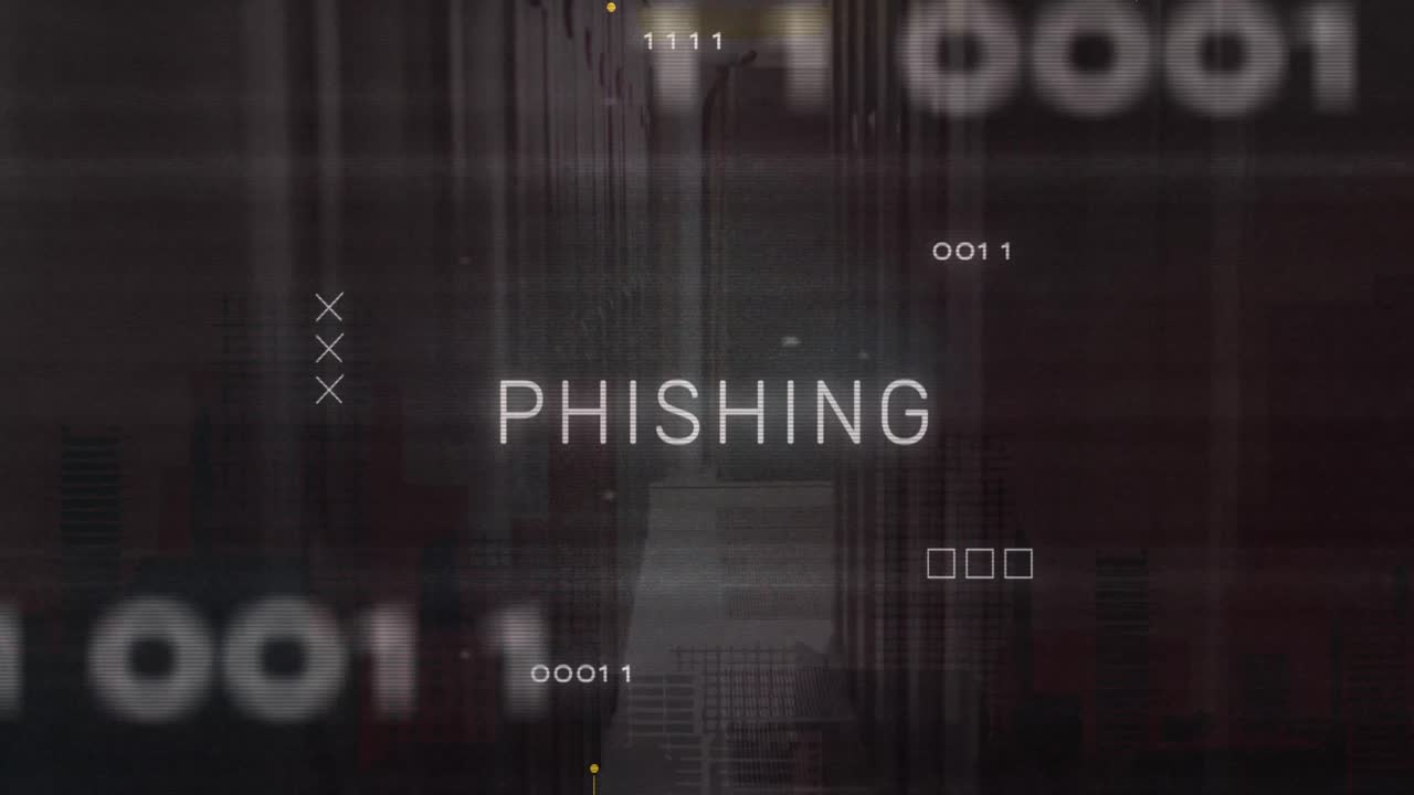 Animation of phishing text banner and microprocessor connections against computer server room