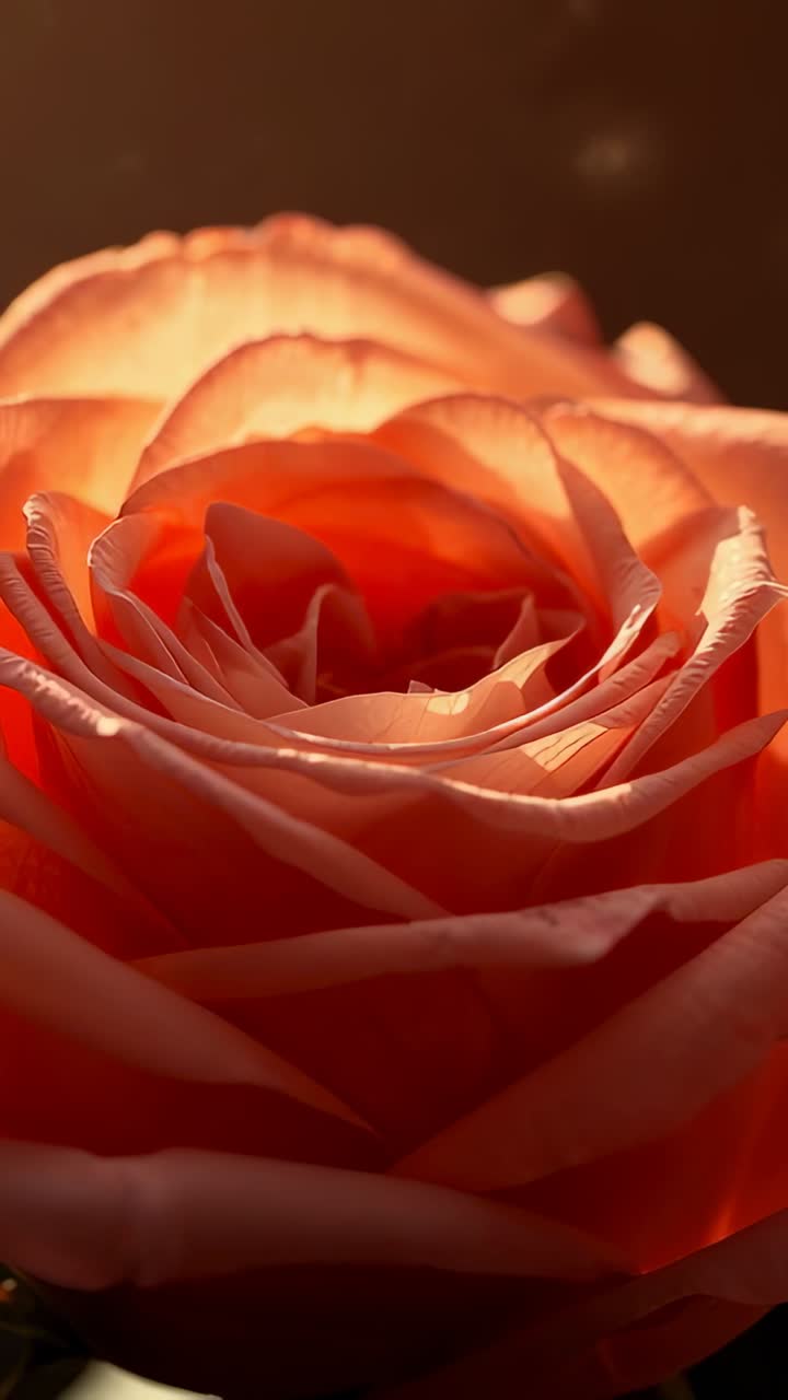 Video verticale: rosa color pesca-arancio illuminata in studio, retroilluminazione che rivela il centro, polvere che fluttua