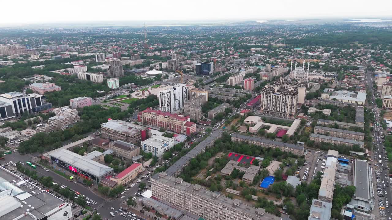 Aerial wide angle view of Bishkek, the capital city of Kyrgyzstan, drone cityscape skyline