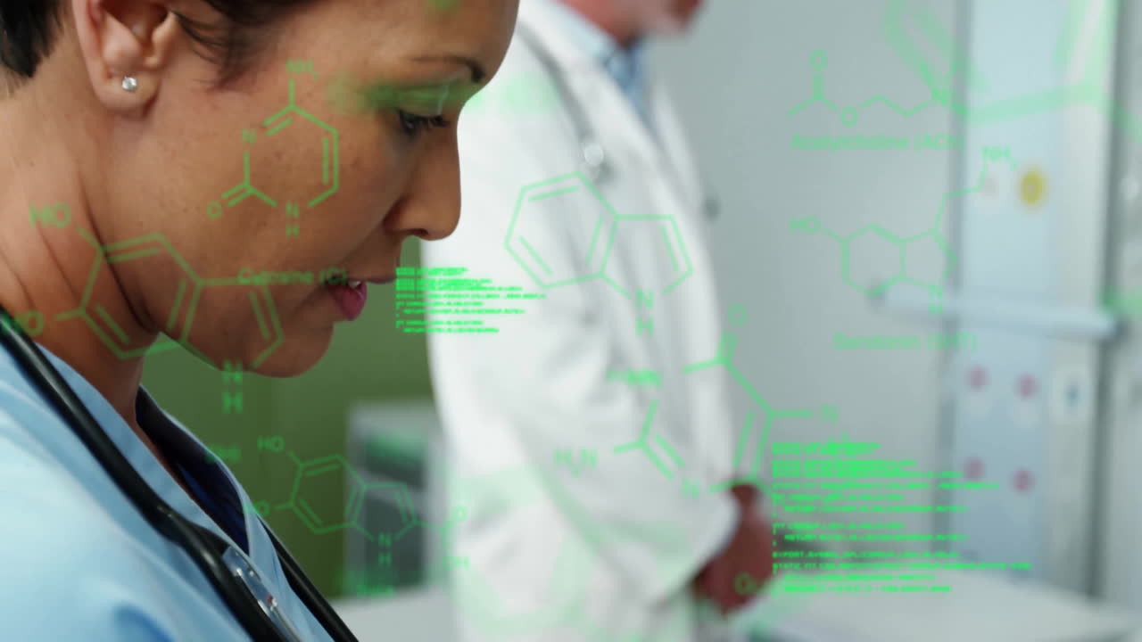 Animation of chemical formula over diverse doctors checking document