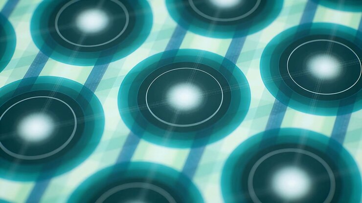 Teal discs with glowing cores drifting forward while blue bands shift behind them, AI-generated