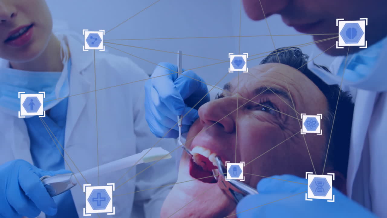 examen dental con guantes y herramientas azules, animación de procesamiento de datos médicos