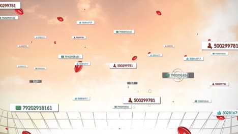 Animation-Von-Mediensymbolen-über-Fallenden-Rugbybällen-Mit-Tonga-Text-Im-Stadion