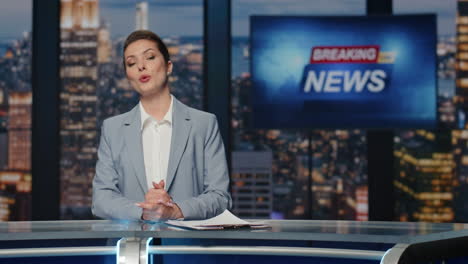 lady presenter reading news at studio closeup. anchorwoman talking live report