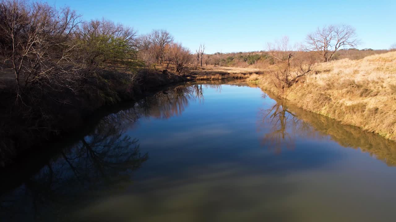 Aerial video of the Colorado river between Brownwood and Richland Springs in Texas flying low