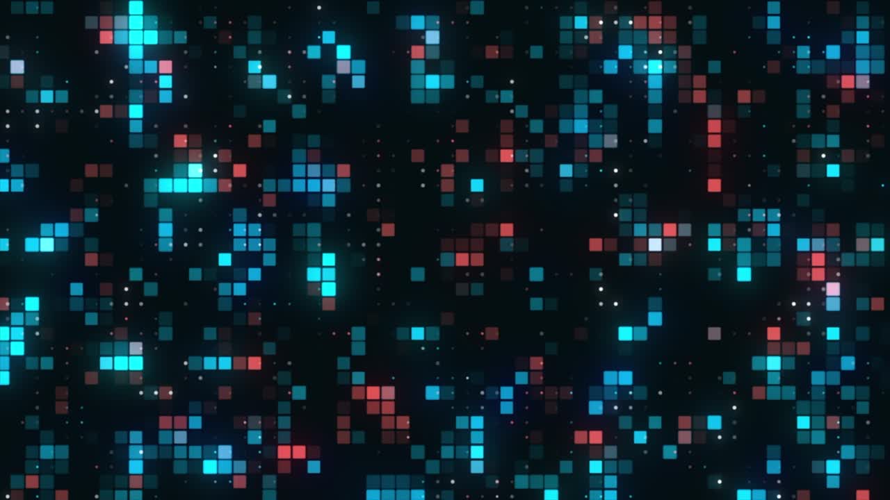 pared abstracta con luces brillantes y parpadeantes en un concepto de fiesta nocturna. movimiento. millones de coloridas partículas de forma cuadrada brillantes y intermitentes, bucle sin costuras