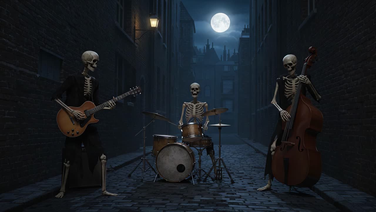 Un inquietante ensemble jazz notturno di musicisti scheletri si esibisce sotto una luna piena in un vicolo infestato, dando vita ai morti con le loro melodie.