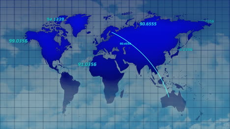 animación del procesamiento de datos y mapa del mundo sobre el cielo con nubes