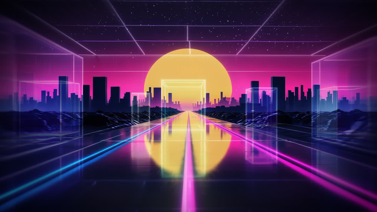 Retro Synthwave Cityscape with Neon Grid and Sun