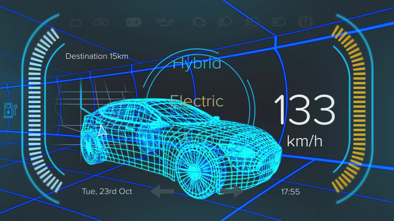 Wireframe sports car being animated over neon grid, displaying electric drive auto mode speed gauge