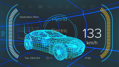 Wireframe sports car being animated over neon grid, displaying electric drive auto mode speed gauge