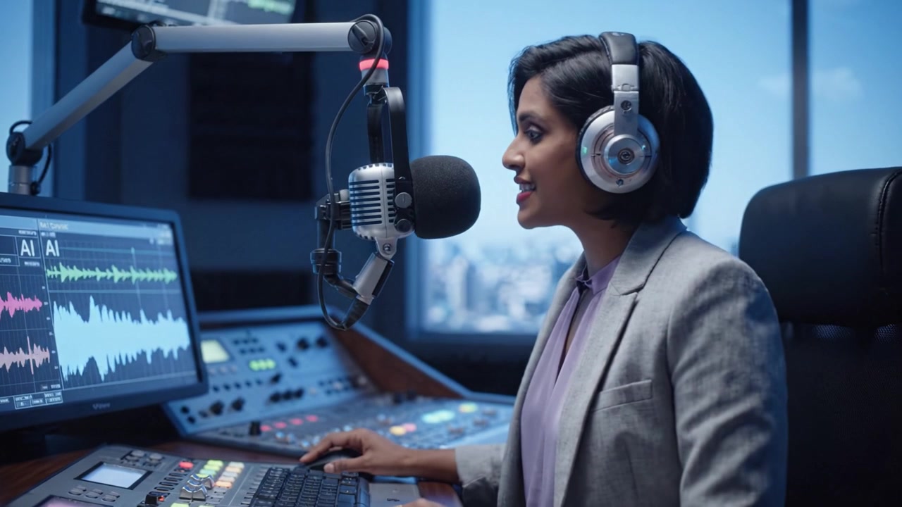 A skilled radio host manages audio equipment, monitoring sound waves on screen while engaging listeners with her voice in a professional broadcasting environment.