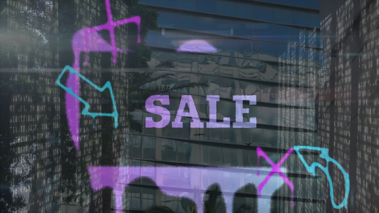 Colorful graffiti-style sale sign with symbols reflecting over cityscape