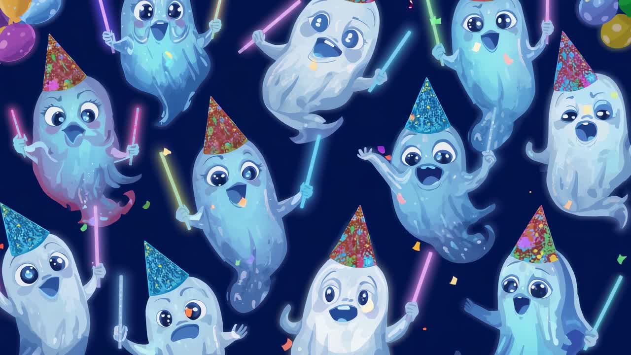 Looping ghosts wearing party hats and swinging glow sticks in navy backdrop, with falling confetti