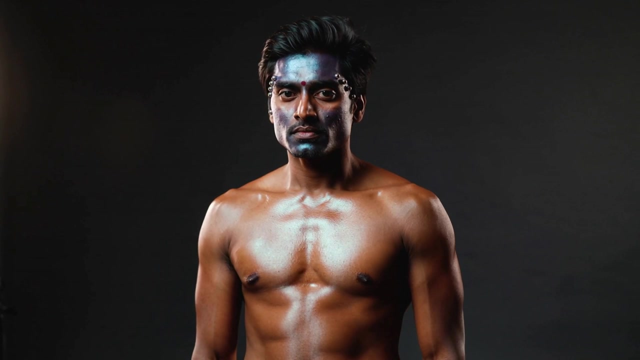 Sequenza che inizia con un modello maschile a torso nudo che si gira verso la telecamera in studio, mostrando pittura blu e borchie.