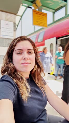 female commuter with arriving train in background