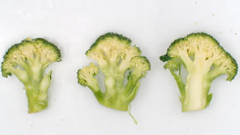 water splashes in slow motion. top view: three pieces of green broccoli washed with water on a white background