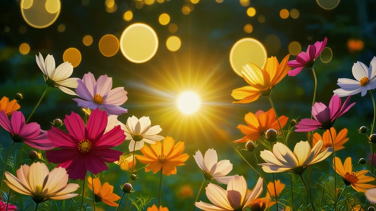 Vibrant Cosmos Flowers Blooming in Golden Sunset Light
