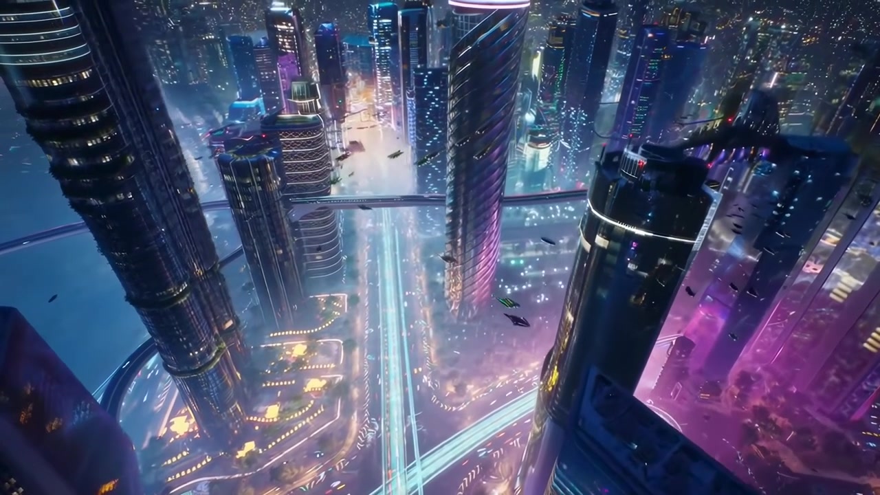 Aerial View of a Futuristic Cyberpunk City at Night