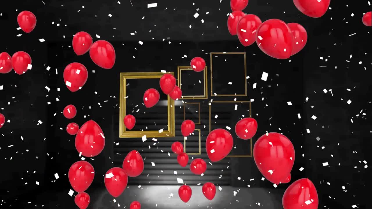 콩페티가 떨어지고 여러 개의 빨간 풍선이 검은색 바탕에 여러 개의 프레임에 대해 떠다니고 있습니다.