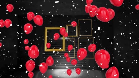 Confetti-falling-and-multiple-red-balloons-floating-against-multiple-frames-on-black-background