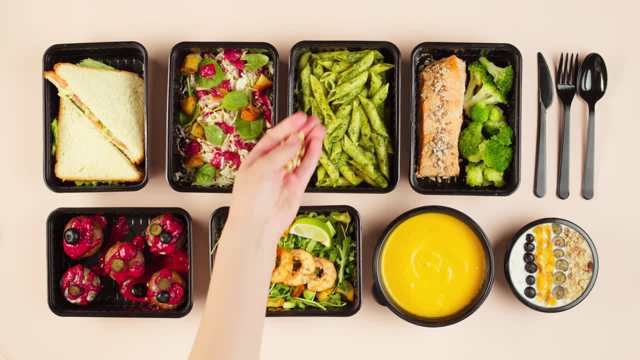 Mano che cosparge pinoli su contenitori per meal prep salutari