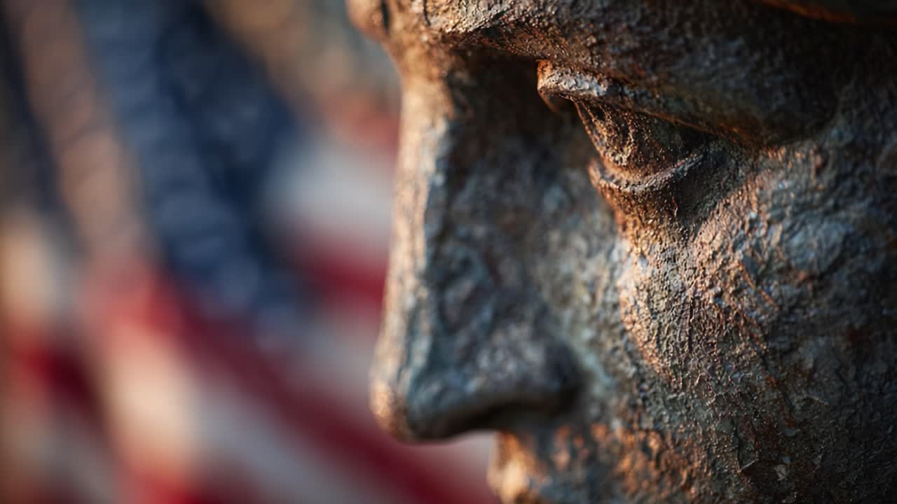 A Close-Up Perspective of a Statue Against a Flag Background, Capturing Intricate Details and Historical Significance in a Powerful Image