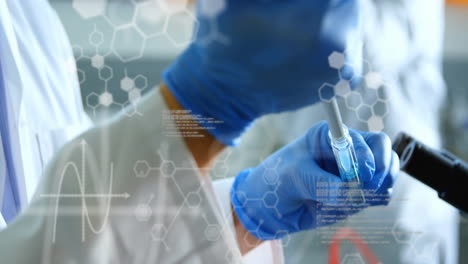 animación de la fórmula química y el procesamiento de datos sobre el científico caucásico que toma muestras