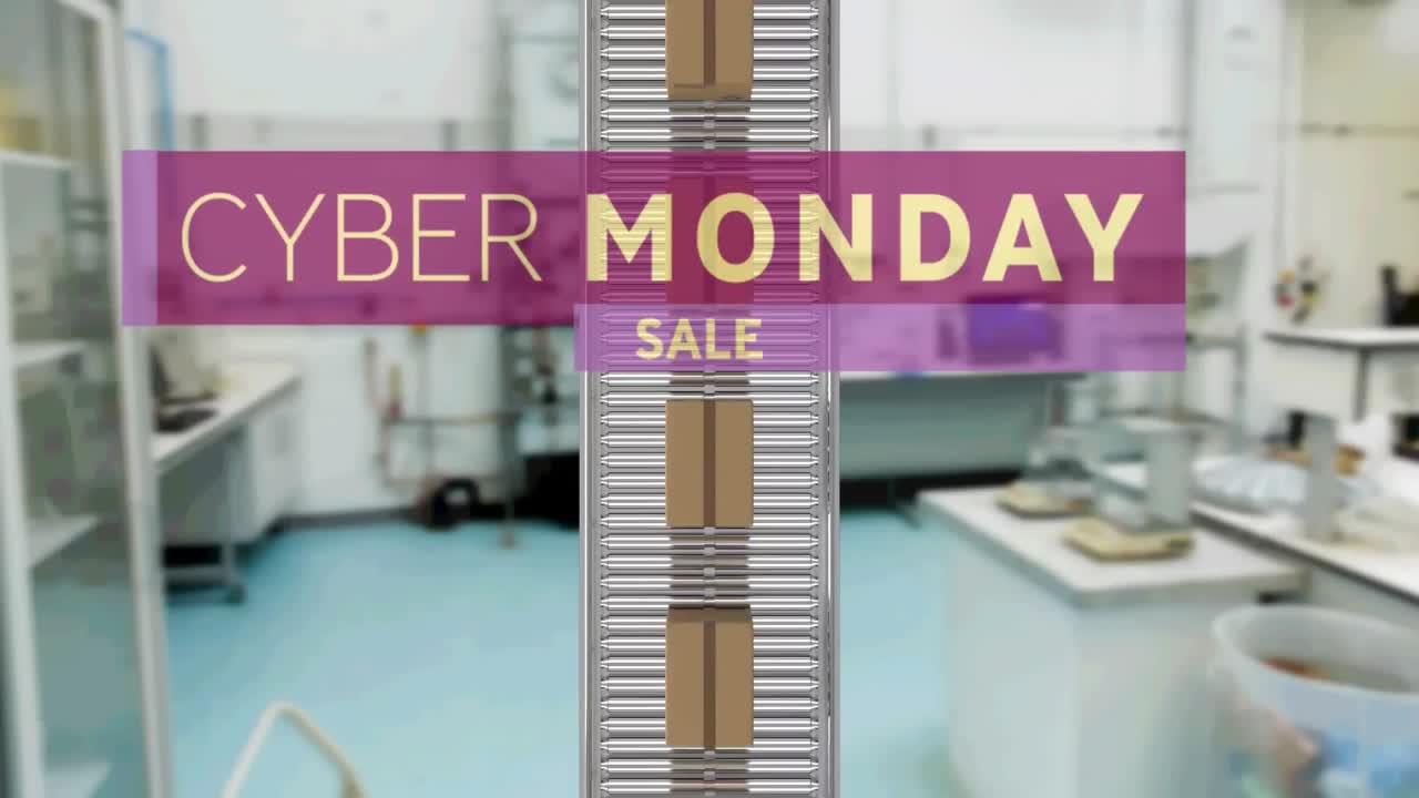 컨베이어 벨트에 있는 카드보드 상자 위에 있는 사이버 월요일 판매 텍스트의 애니메이션