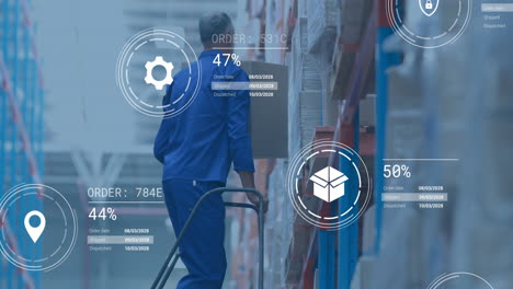 animación de procesamiento de datos digitales sobre hombre caucásico trabajando en un almacén
