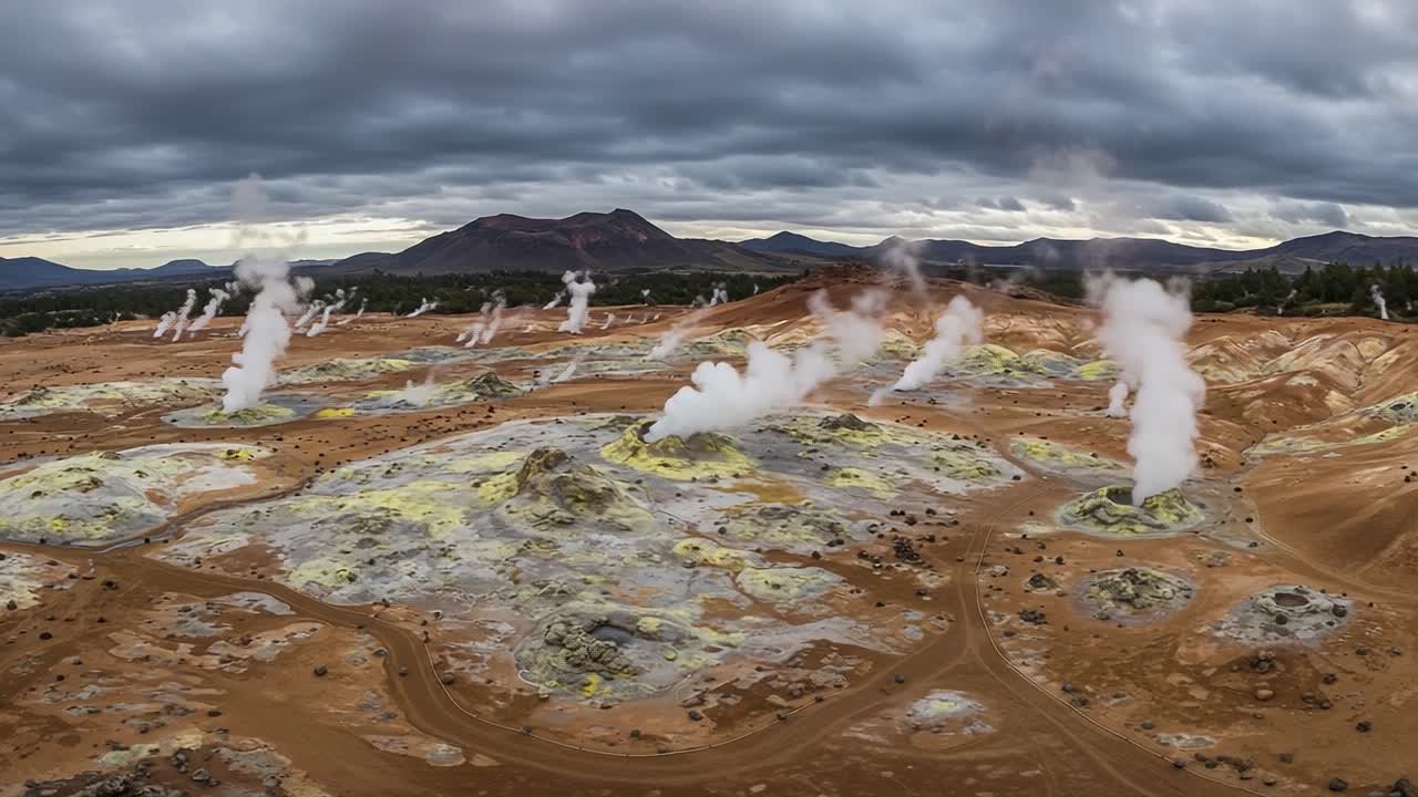 Breathtaking Geothermal Landscape with Erupting Steam Vents and Vivid Colors Under a Dramatic Cloudy Sky Capturing the Essence of Earth's Fiery Nature