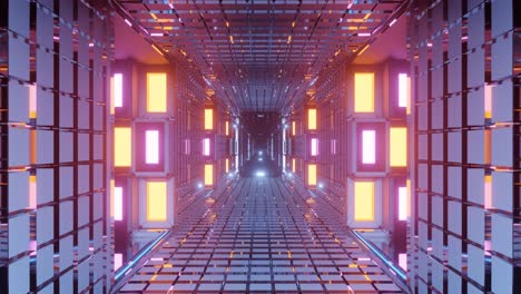 animation of immersing through long highly reflective, shiny, glowing and vivid entrance path