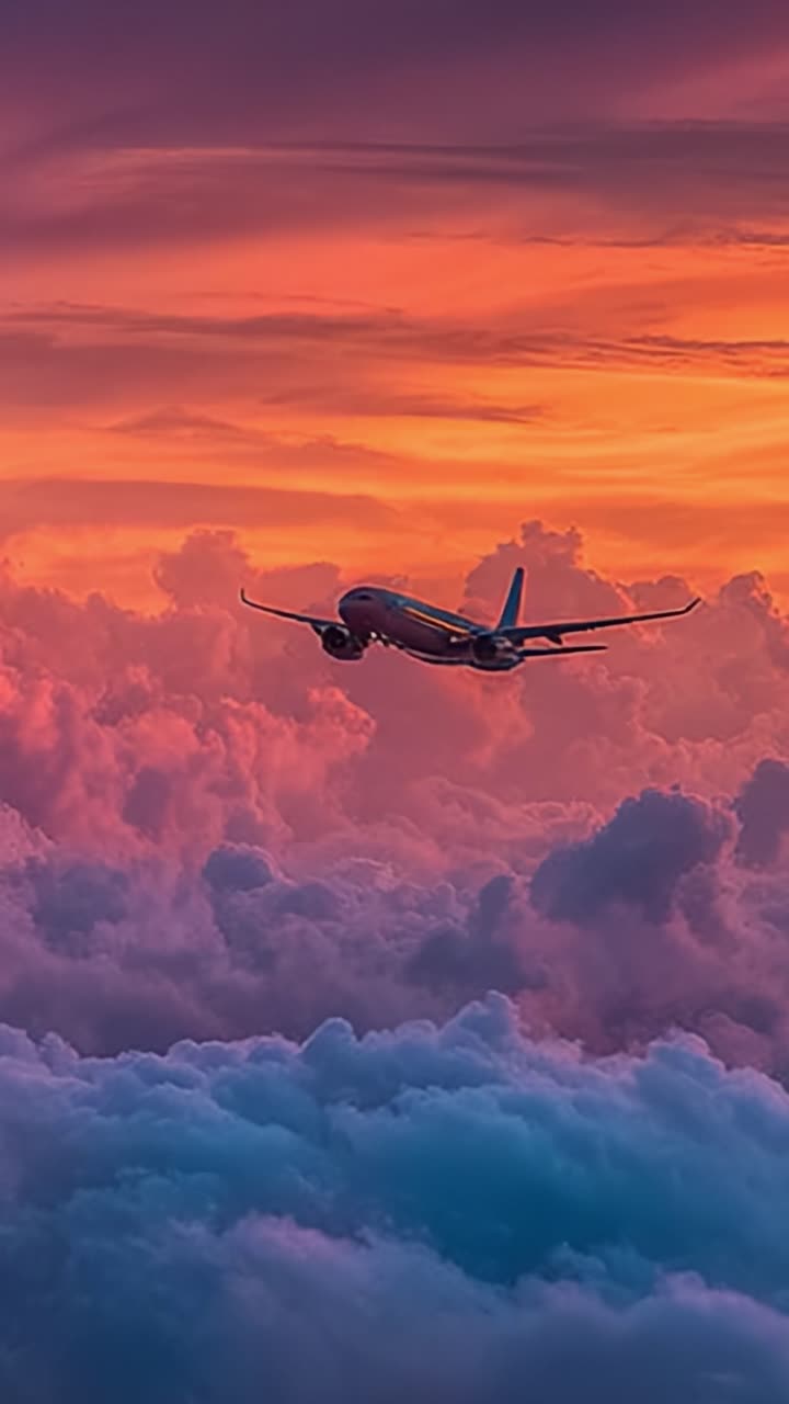 Una vista mozzafiato di un aeroplano che vola attraverso un cielo al tramonto vivace, circondato da nuvole colorate che riflettono le tonalità dorate del crepuscolo