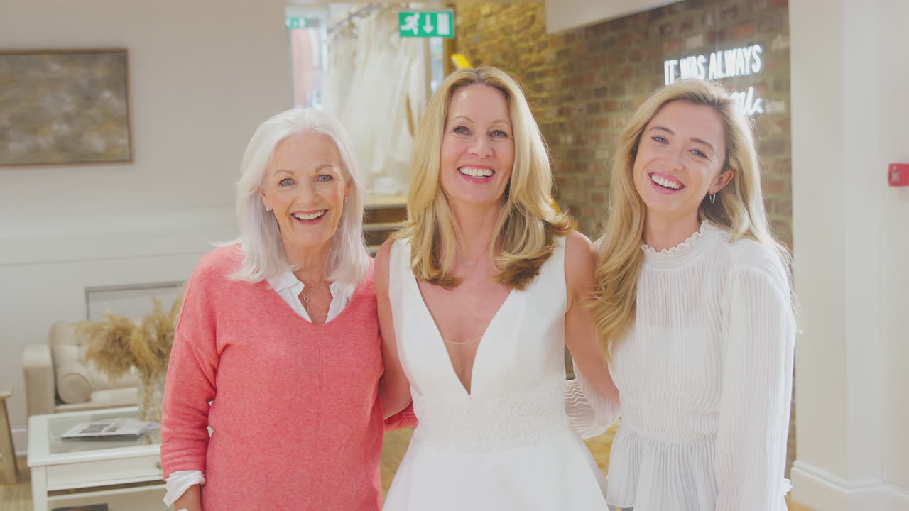 상점에서 웨딩 드레스를 입고 있는 성인 딸과 손녀와 함께 할머니의 초상화