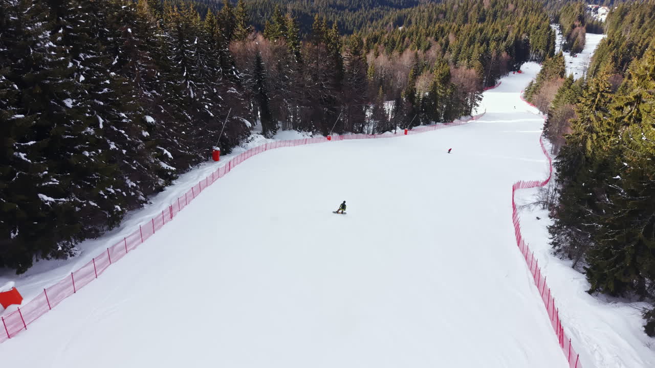 Uno snowboarder scende un pendio montano in inverno con alberi intorno e terreno coperto di neve mentre altre persone sciano nelle vicinanze.