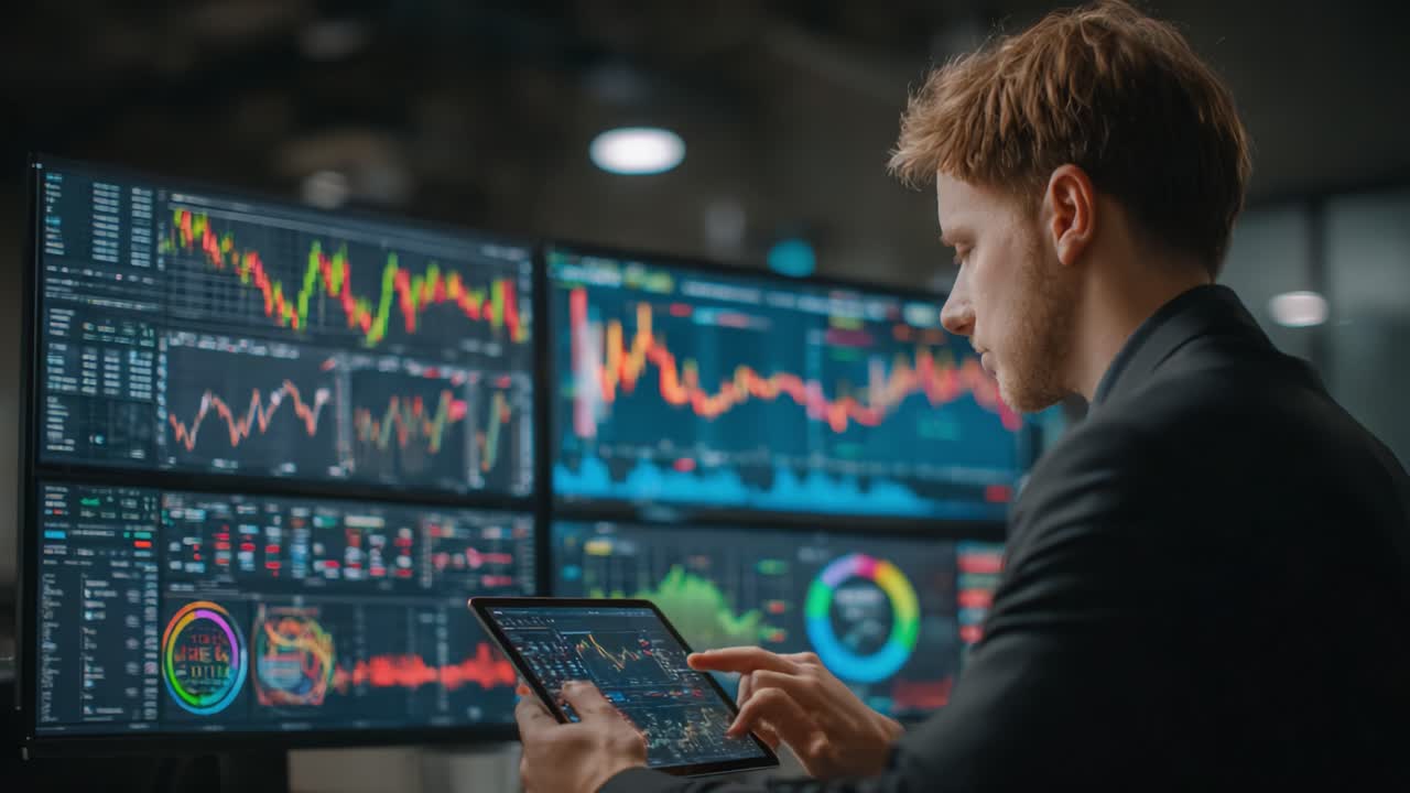 A focused individual analyzes complex financial data displayed across multiple screens, utilizing a tablet to track market trends and make informed decisions in a modern office setting