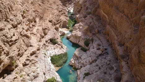 aerial del impresionante oasis de wadi tiwi con agua turquesa y cañón en el sultanato de omán
