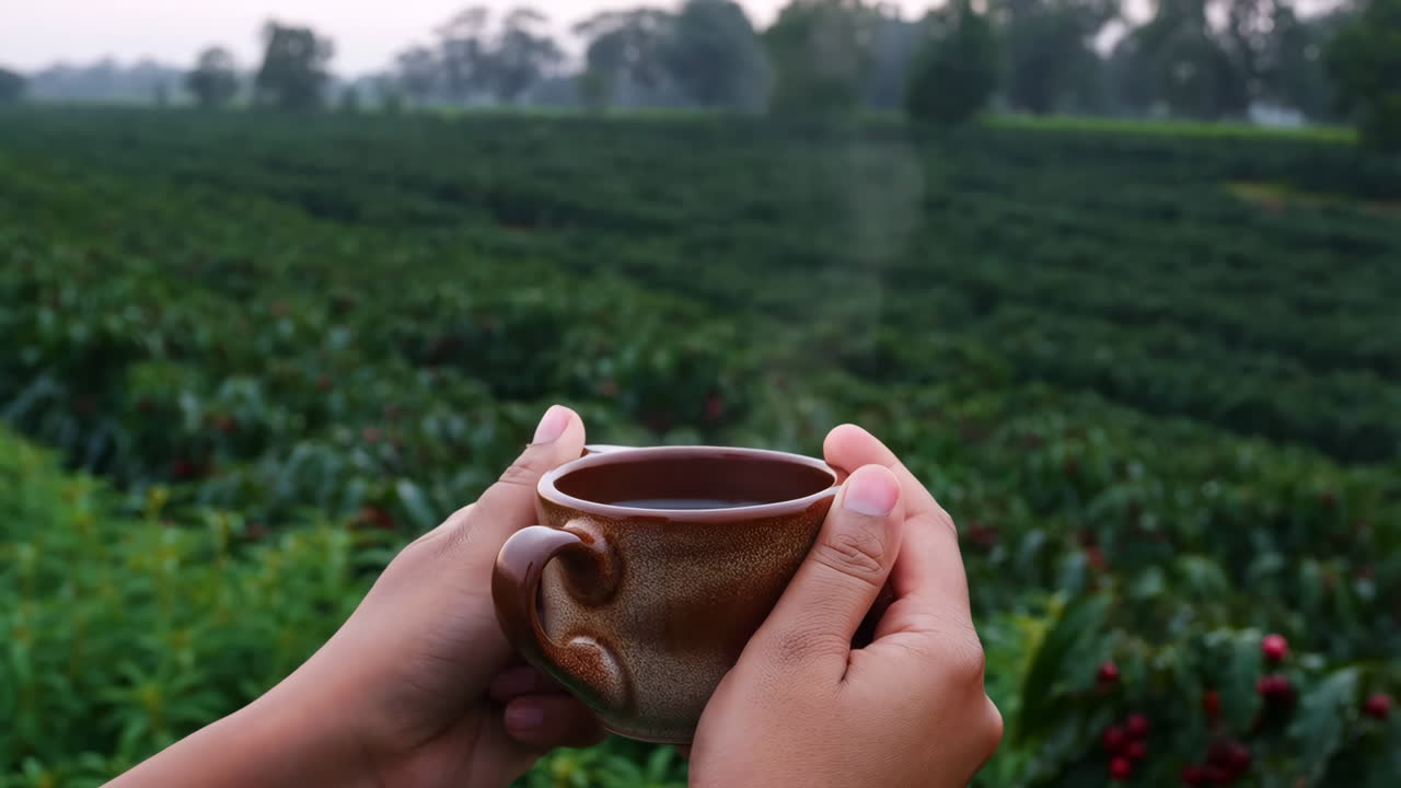 Hands holding a cup of coffee in a coffee plantation