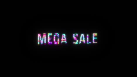 mega venta colorido texto palabra parpadeo luz bucle de animación con efecto de texto de glitch. 4k 3d bucle sin costuras mega venta elemento de efecto de glitch para la introducción, banner del título. colorido estilo de consola de juegos retro.